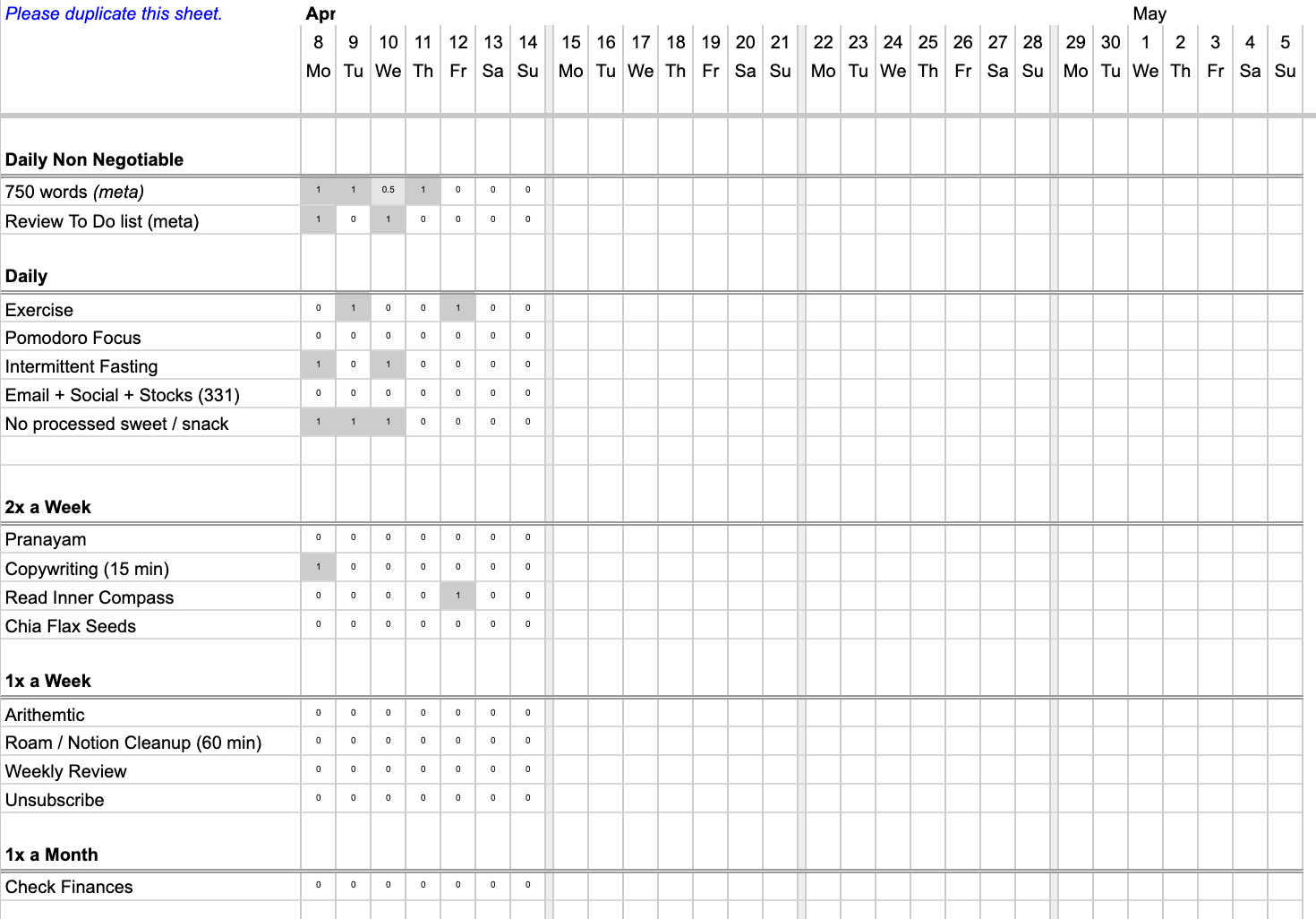 Habit Tracker Excel Sheet