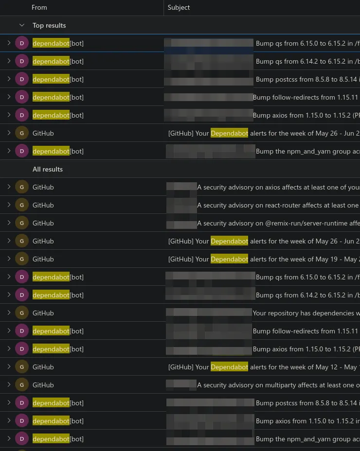An inbox showing dozens of emails from dependabot about vulnerable JS packages