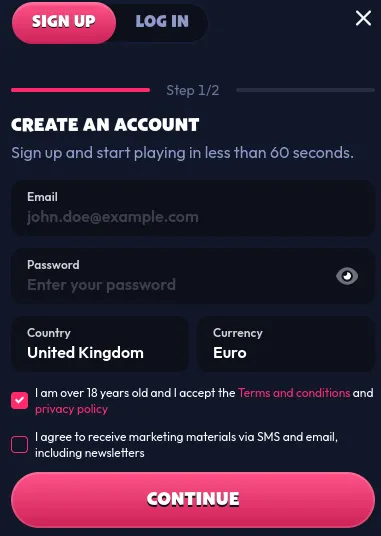 Screenshot of casino signup form showing UK in country dropdown