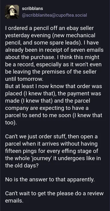 I ordered a pencil off an ebay seller yesterday evening...