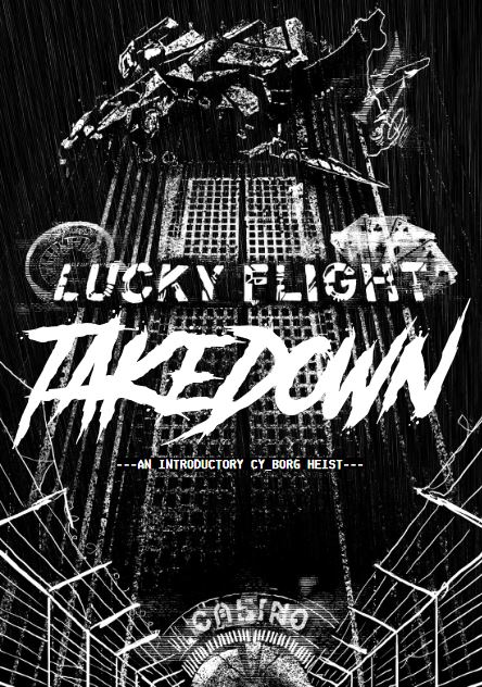 Image from the first page of Lucky Flight Takedown, a black and white drawing of a large building with a shuttle crashed into the top of it