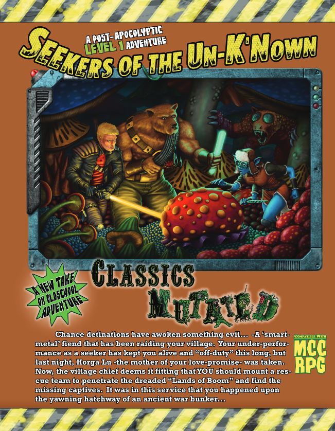 Cover art for Seekers of the Un-K'Nown, featuring a band of adventurers investigating a strange mushroom