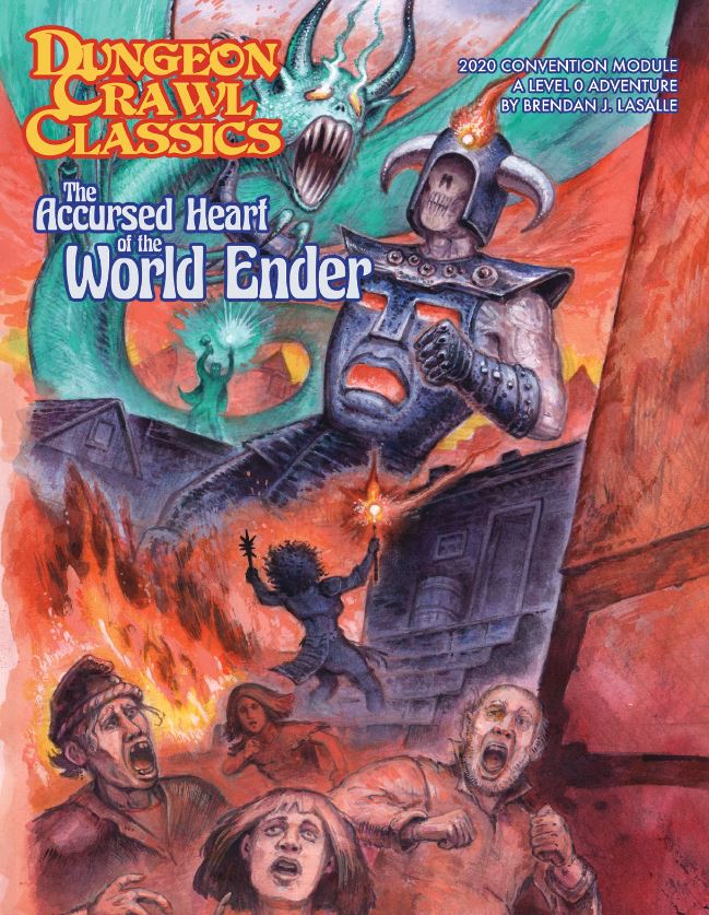 The cover for "The Accursed Heart of the World Ender", featuring a giant demon in flaming armor battling a strange dragon-like creature while tiny heroes cast spells and flee for their lives