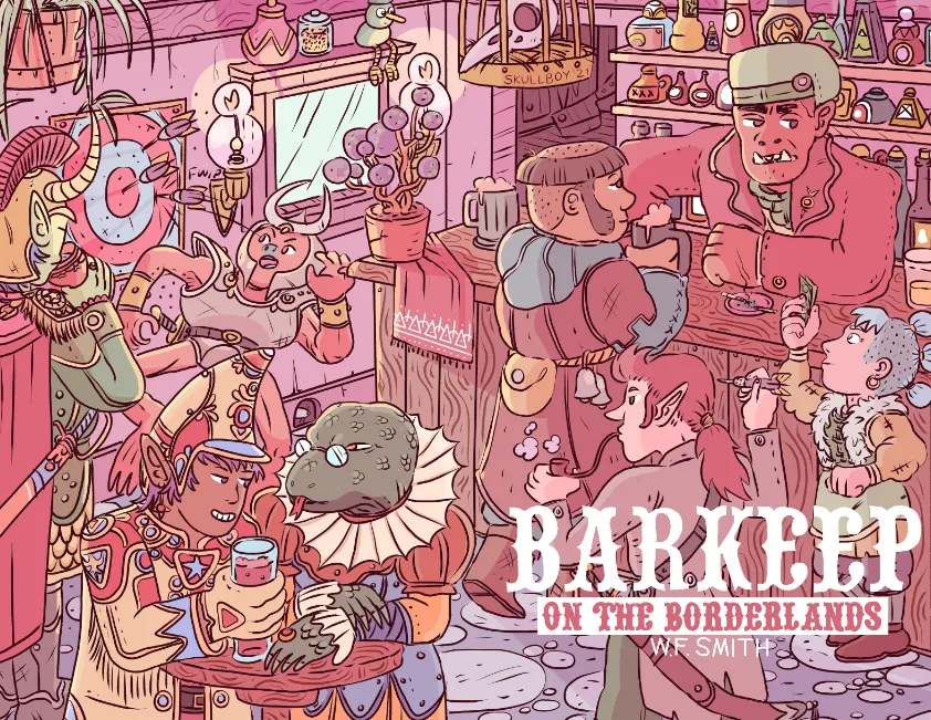 A tavern scene including many varied characters, including a goblinoid bartender, an elf sitting closely with a lizardman, a halfling ordering a drink, a monk drinking a beer, an elf playing darts, a warrior dodging a dart, and an assortment of potions and decorations lining the walls