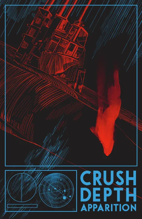 The cover art for Crush Depth Apparition, featuring an abstract and stylized submarine conning tower in red surrounded by blue hatch marks. A vaguely human shaped red blob is drifting downwards in the foreground.