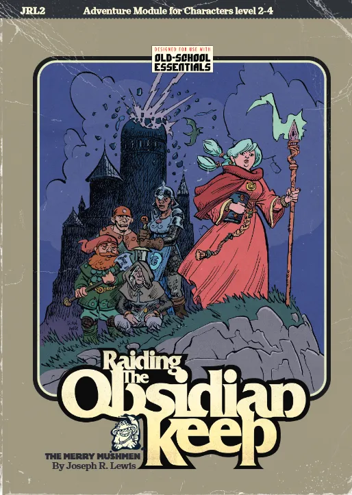 A group of five adventurers standing on a bluff, staring into the distance. Behind them, the domed tower of a castle is being struck by lightning
