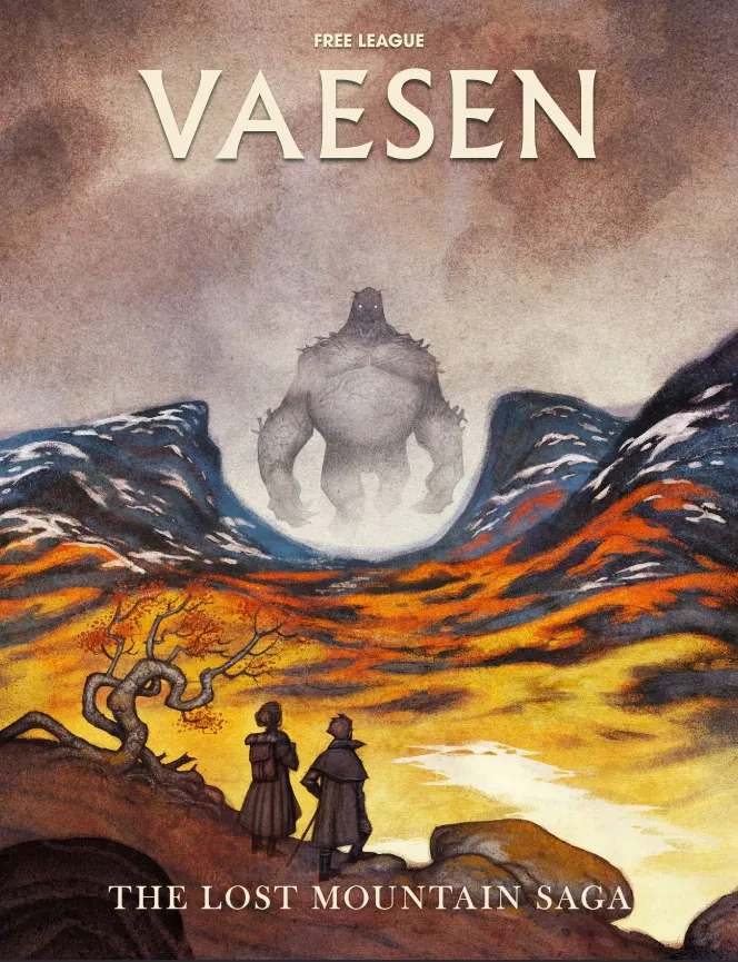 The cover of The Lost Mountain Saga for Vaesen. Two human figures in 19th century outdoor garb stand on a bluff near a gnarled tree. They are looking across a golden vale that transitions to bluish snow-capped mountains, and a giant stands in a gap of these mountains, partially obscured by fog.