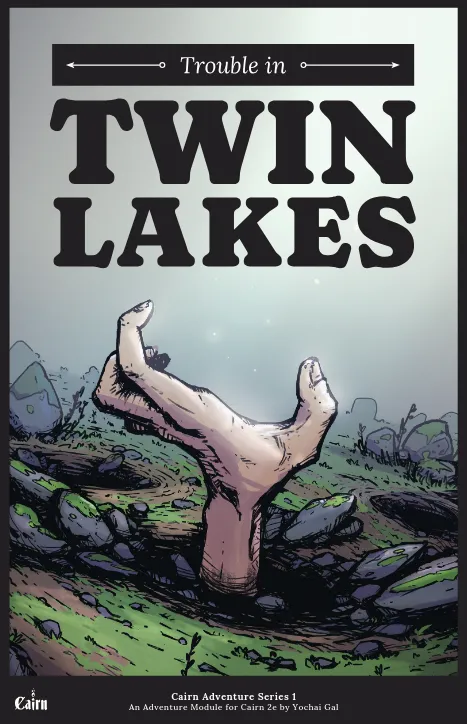 The cover of "Trouble in Twin Lakes", featuring a human hand sticking up out of a muddy sinkhole