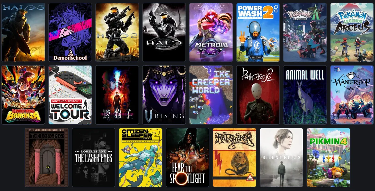 A screenshot from backloggd.com, showing the games I marked as done in 2025