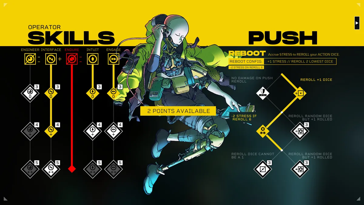 a screenshot from Citizen Sleeper 2 showing the stat selection screen, with the sleeper in the middle