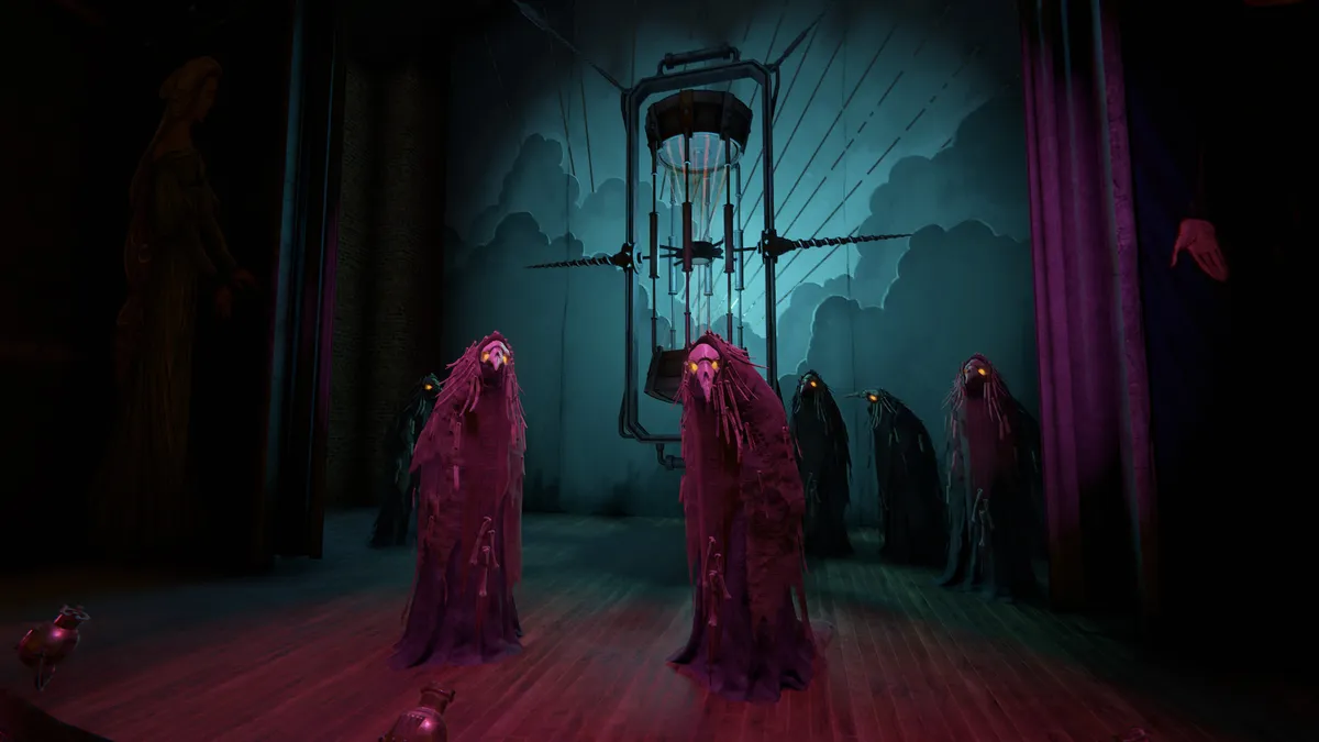 A screenshot from Pathologic 2 depicting several figures wearing bird masks standing on and around a theatre stage