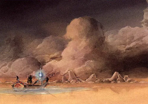 concept art with link on a boat in the desert