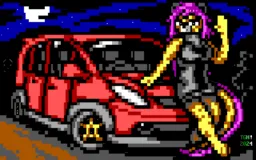 dracat sitting on the hood of a red car, rendered in ANSI characters