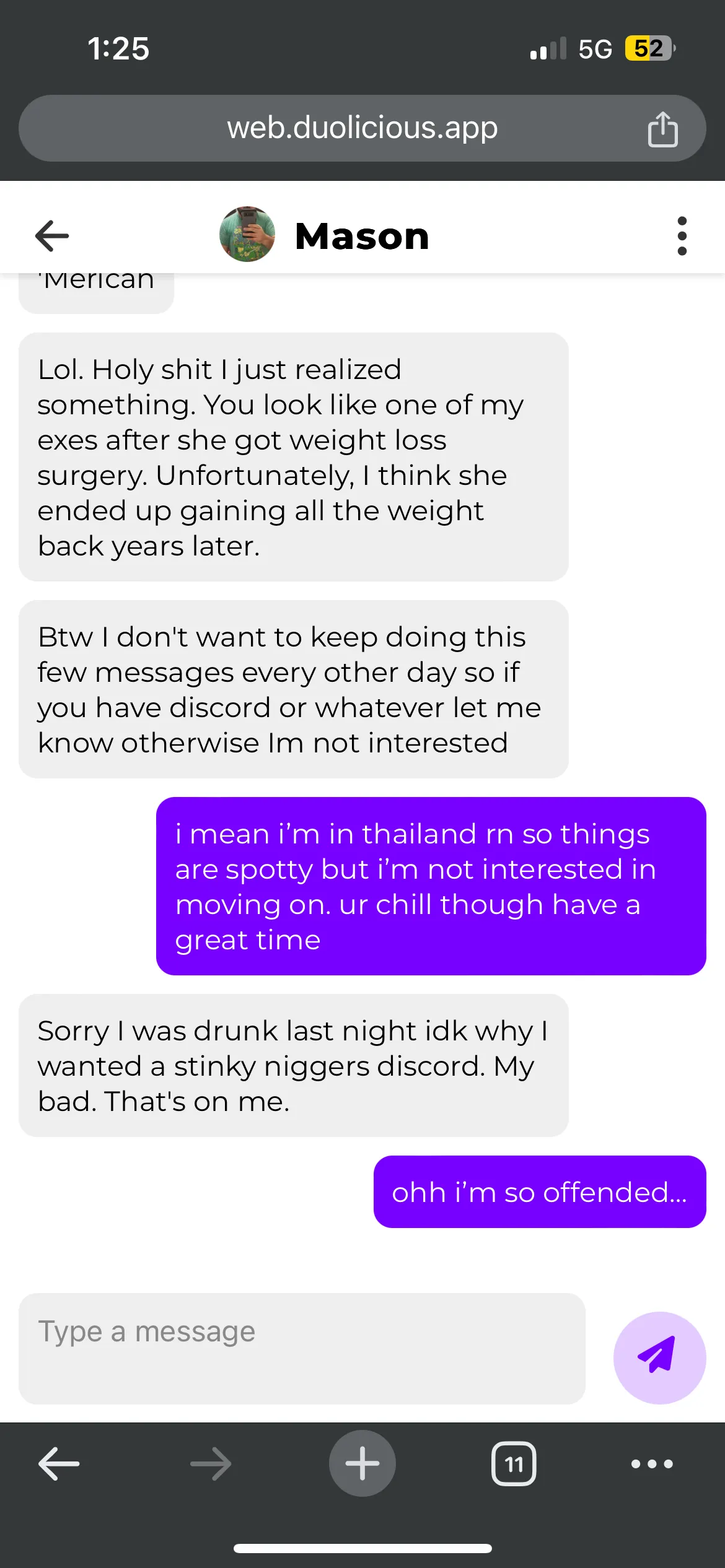 Text exchange between two people. The conversation ends in the author being called a 