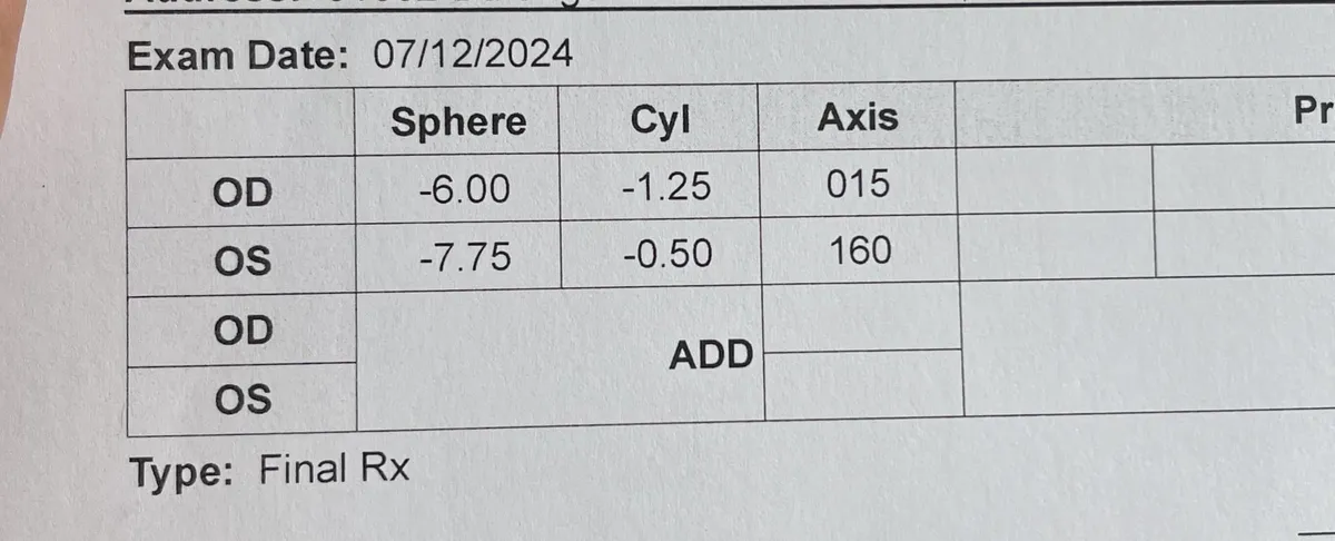 A close-up photograph of an eye prescription document dated 07/12/2024. The prescription table shows the following values: OD (Right Eye): Sphere -6.00, Cyl -1.25, Axis 015.OS (Left Eye): Sphere -7.75, Cyl -0.50, Axis 160.