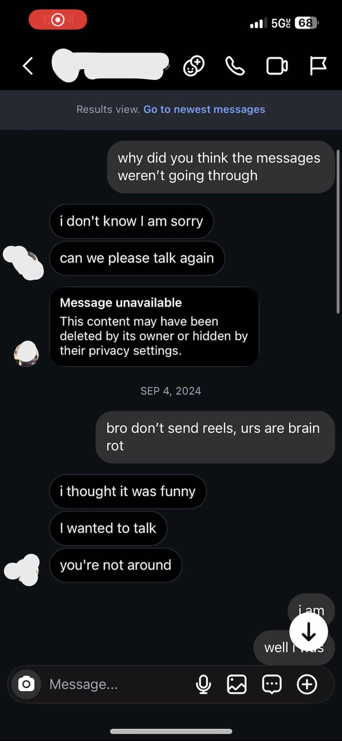 A screenshot of a direct message conversation on a dark mode interface. The messages show a tense exchange where one person apologizes and asks to talk, followed by a message showing 