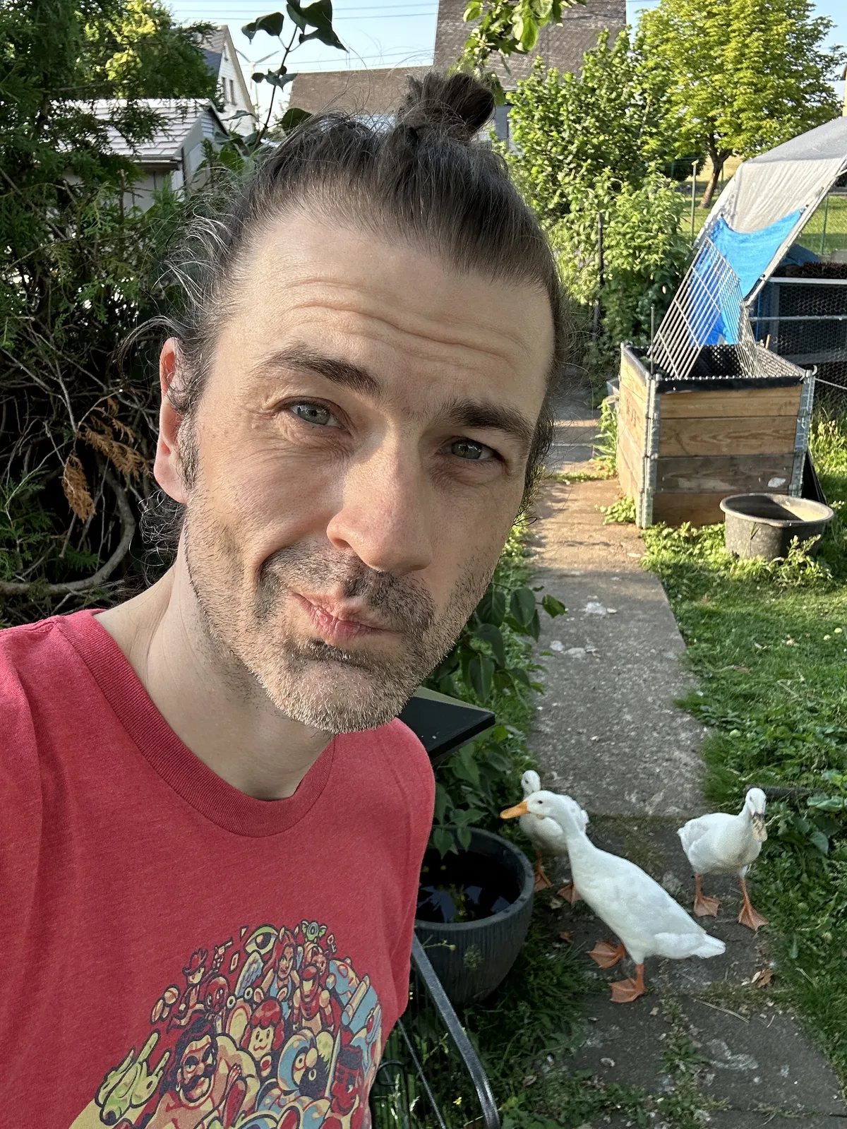Middle aged white guy, with long, brown hair in a bun, a salt & pepper stubble and some weird smirk in the foreground, three white runner ducks around a bucket of water in the back.