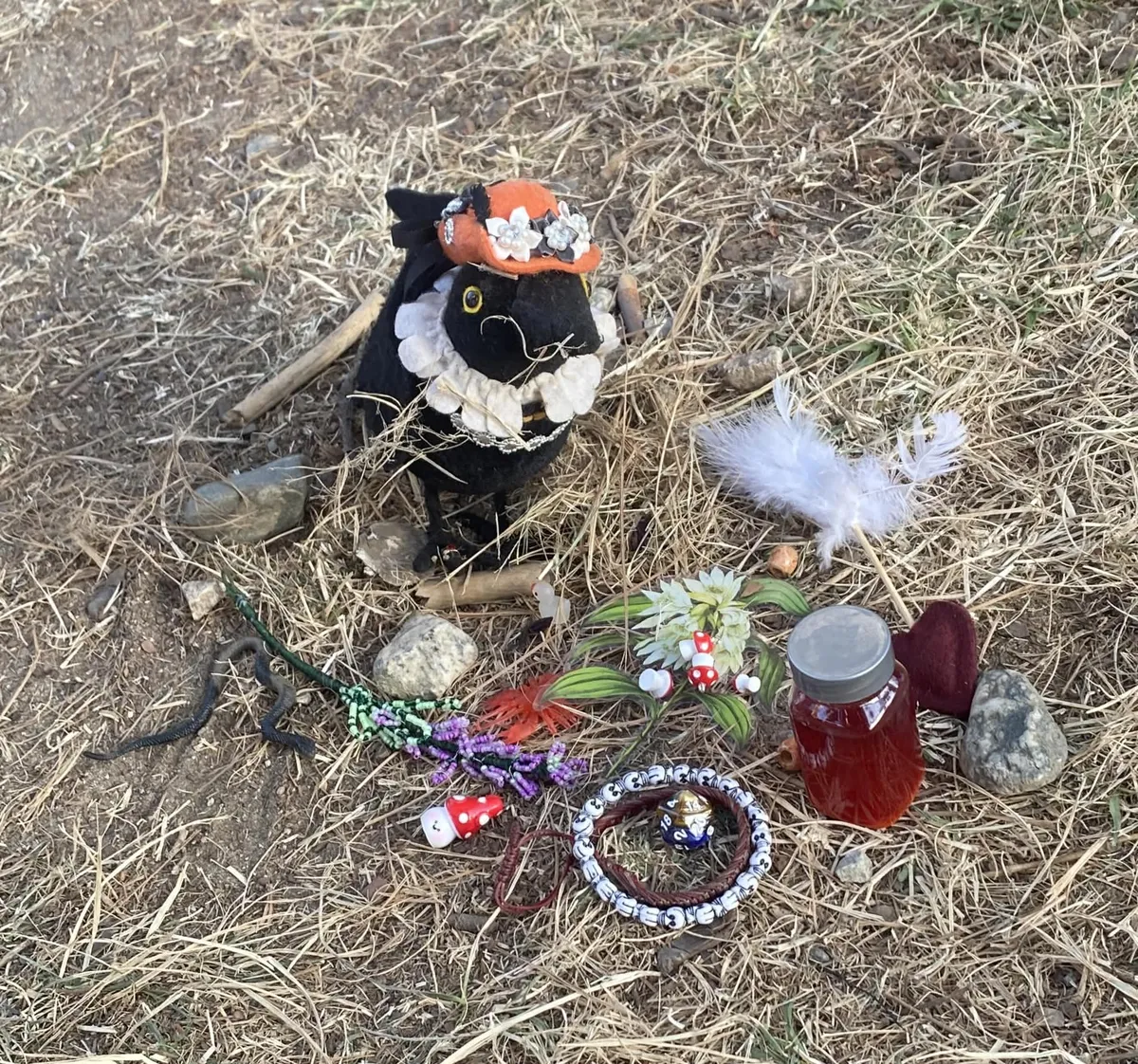 A well dressed Crow Doll with various trinkets in front of it