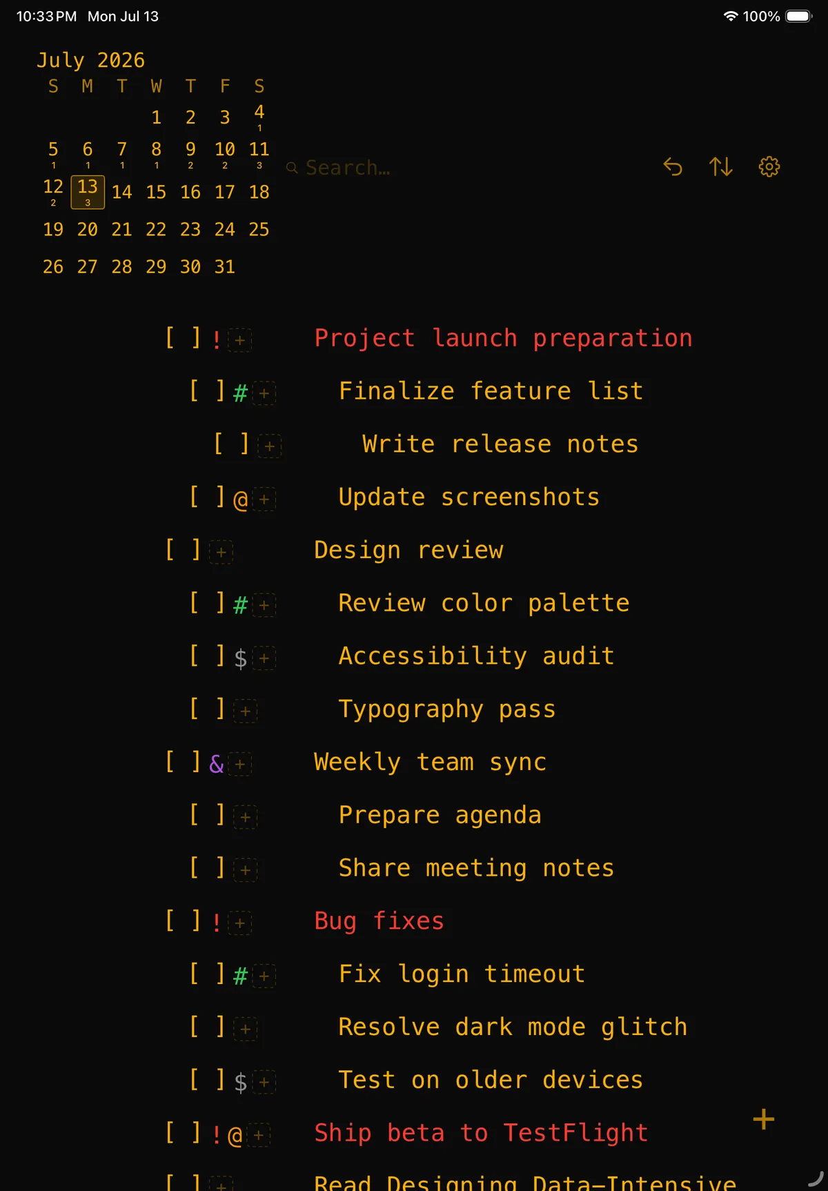 The same task list in DumbTask's tinted amber appearance.