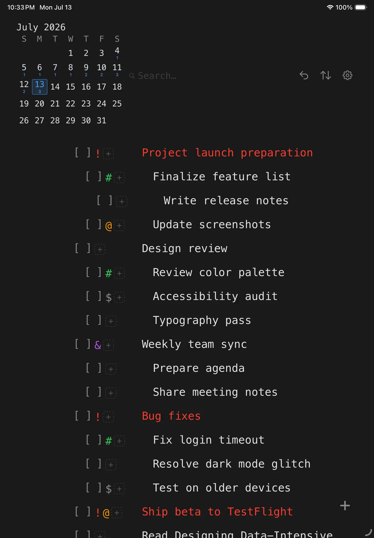 DumbTask dark mode, showing a nested list of tasks with symbols for priority, project, and context.