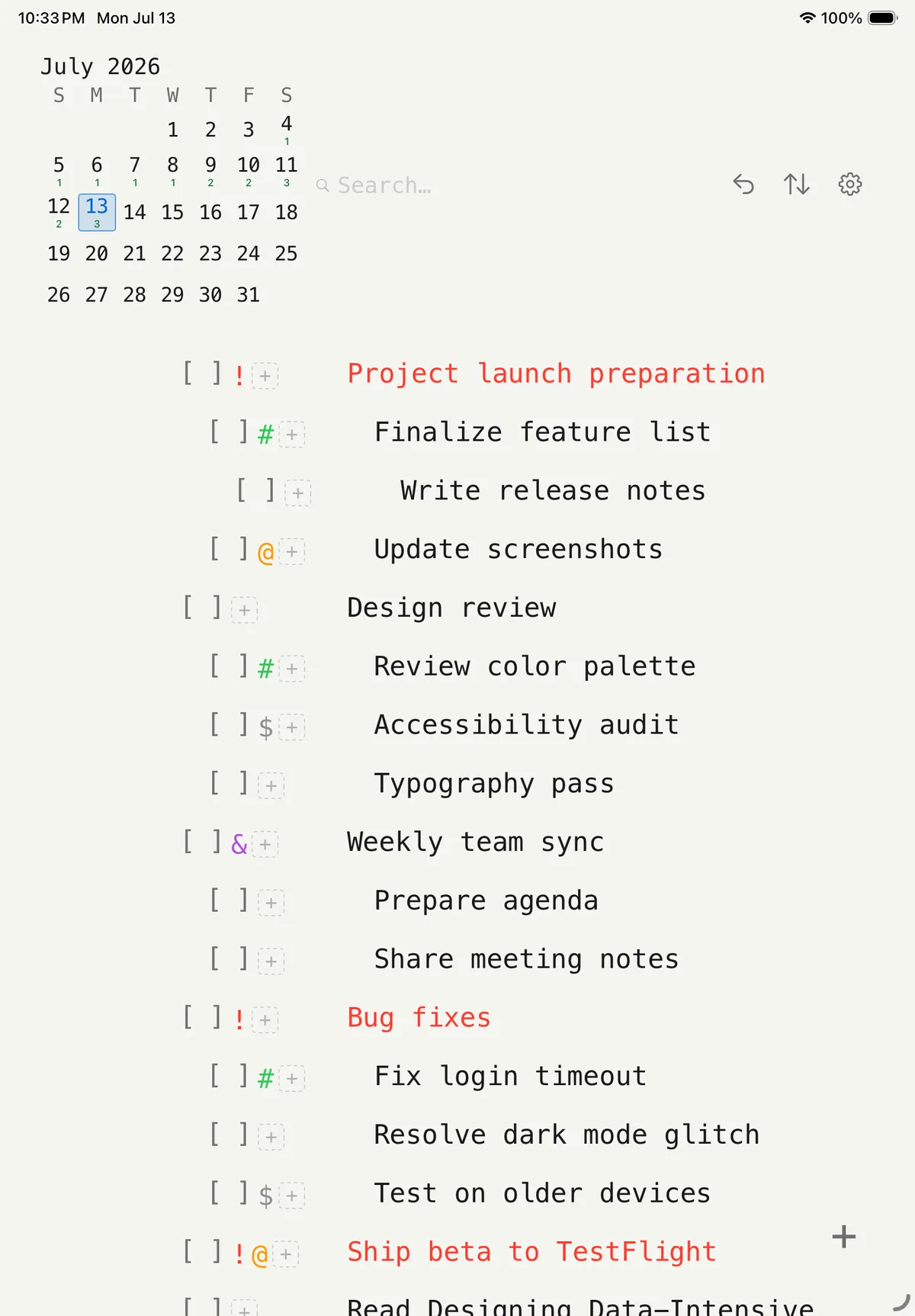 DumbTask light mode, showing an empty list with the placeholder text 'Add tasks here...'.