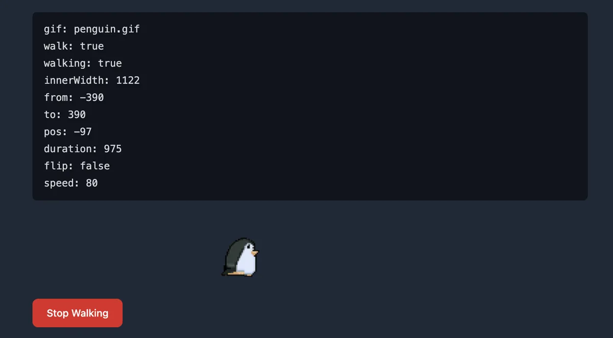 Screenshot of the animated walking cartoon penguin with details and a large button labeled "stop walking"