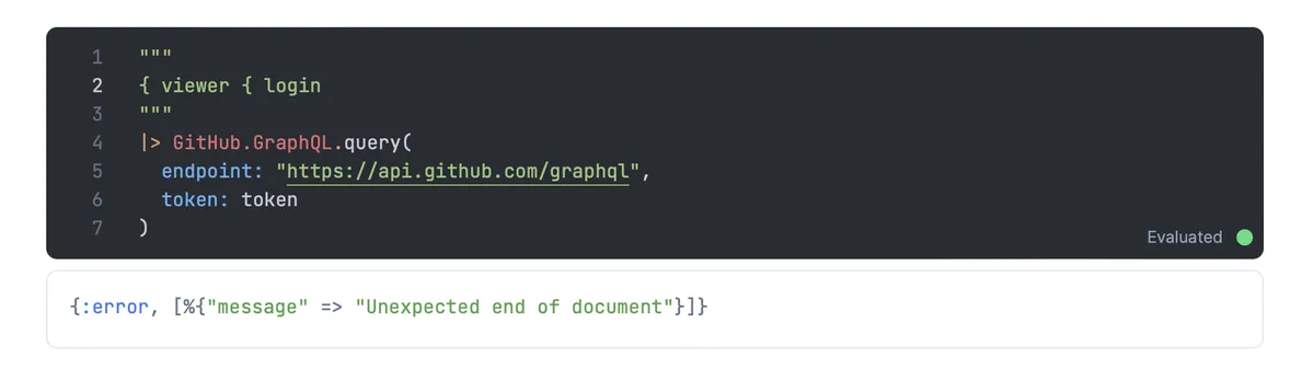 Error for a malformed GraphQL query