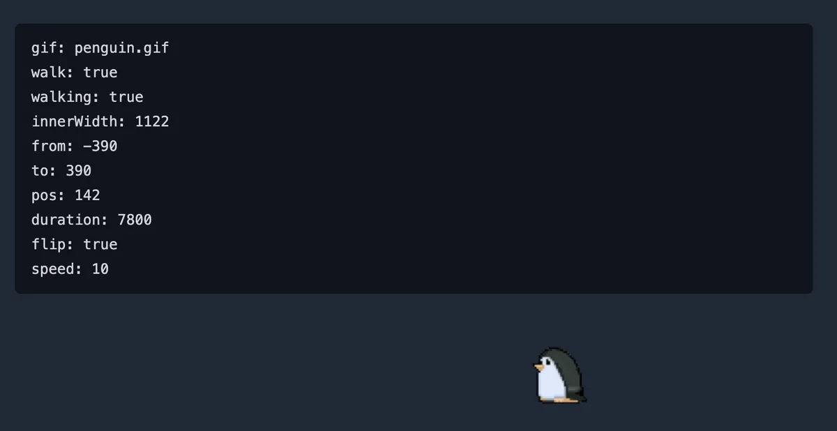 screenshot of the animated walking cartoon penguin with a text box of details about its speed, position, direction, and more