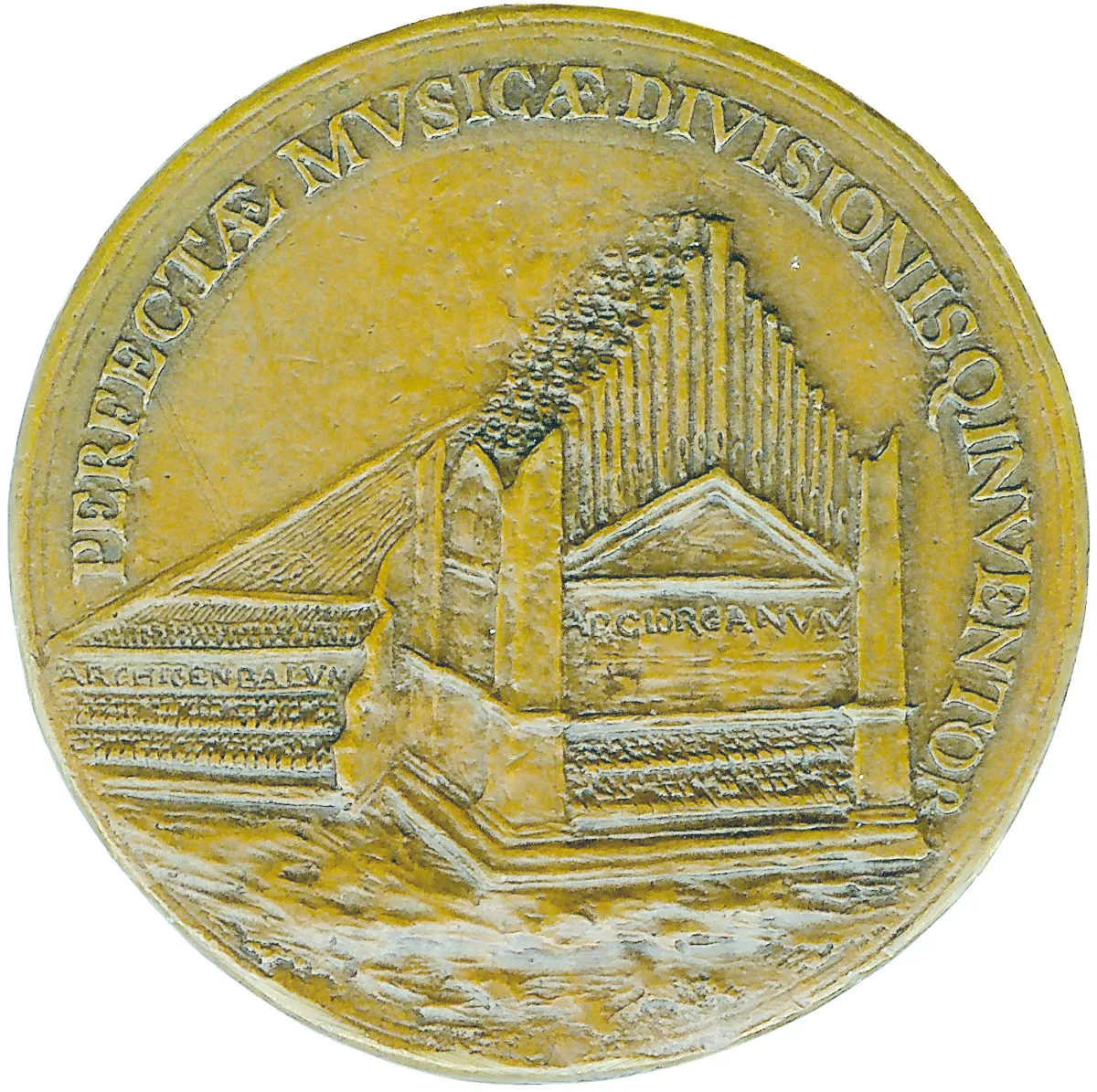 Medaille, Alessandro Vittoria zugeschrieben, einzige erhaltene bildliche Darstellung von Vicentinos Instrumenten