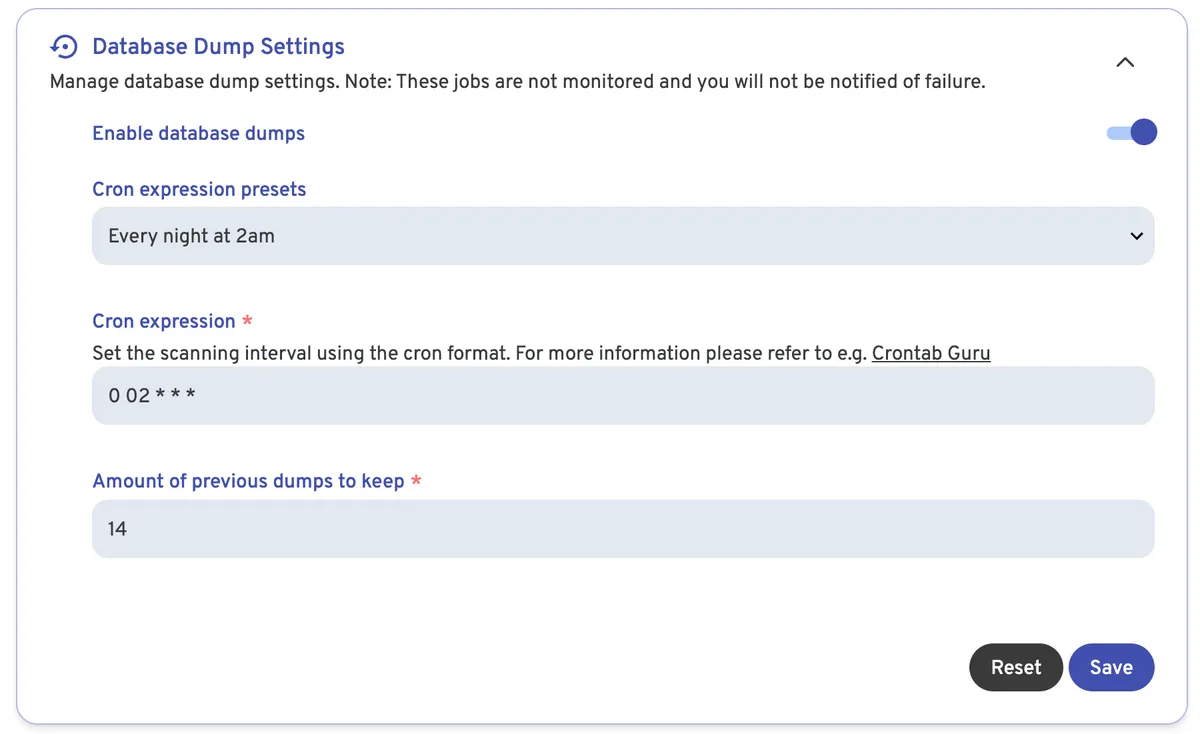 Immich database dump settings: I’m creating a database dump every night at 2am, I then retain that dump for 14 days