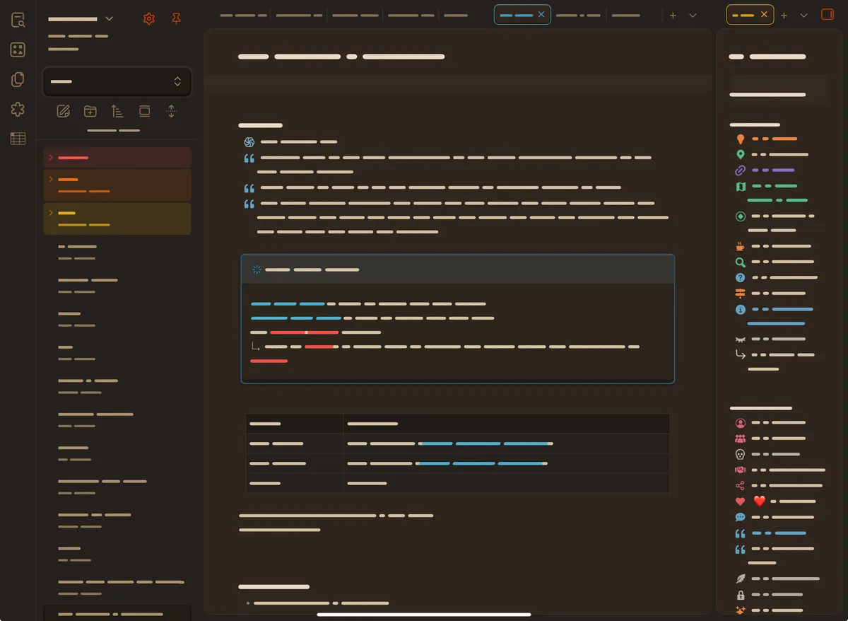 It is a screenshot of Obsidian, and it is extremely busy. There’s tons of colourful bullets marking lists and brightly coloured admonitions, and a line of tabs at the top of the center panel, which is one of three open panels. All the text is garbled. It is a screenshot of Obsidian, and it is extremely busy. There’s tons of colourful bullets marking lists and brightly coloured admonitions, and a line of tabs at the top of the center panel, which is one of three open panels. All the text is garbled.