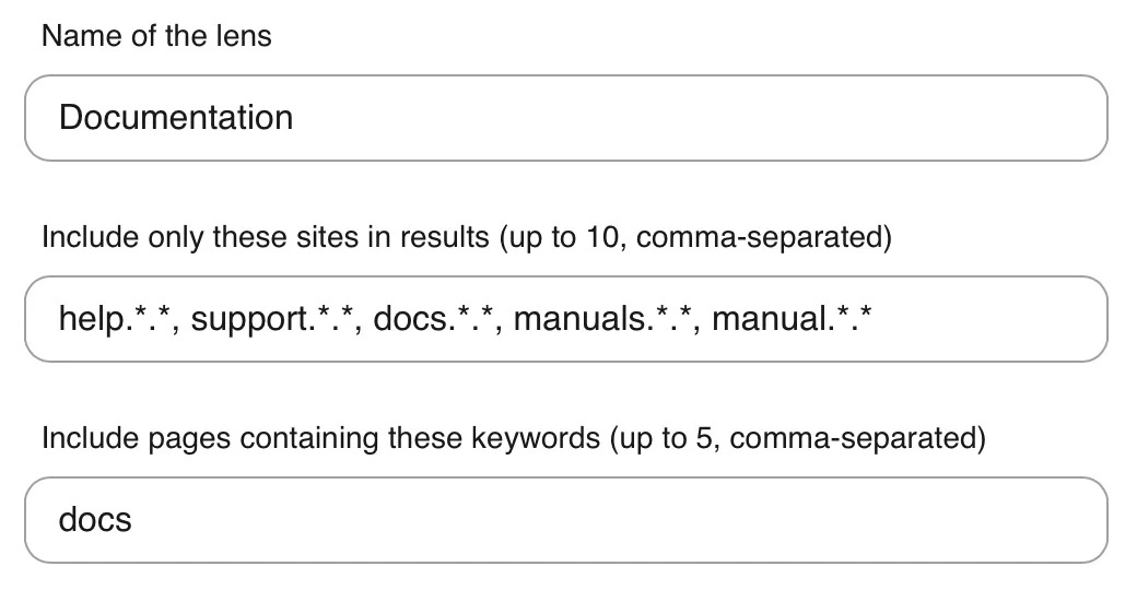 A screenshot showing a configured lens, containing a field for name, subdomains and a defined bang shortcut
