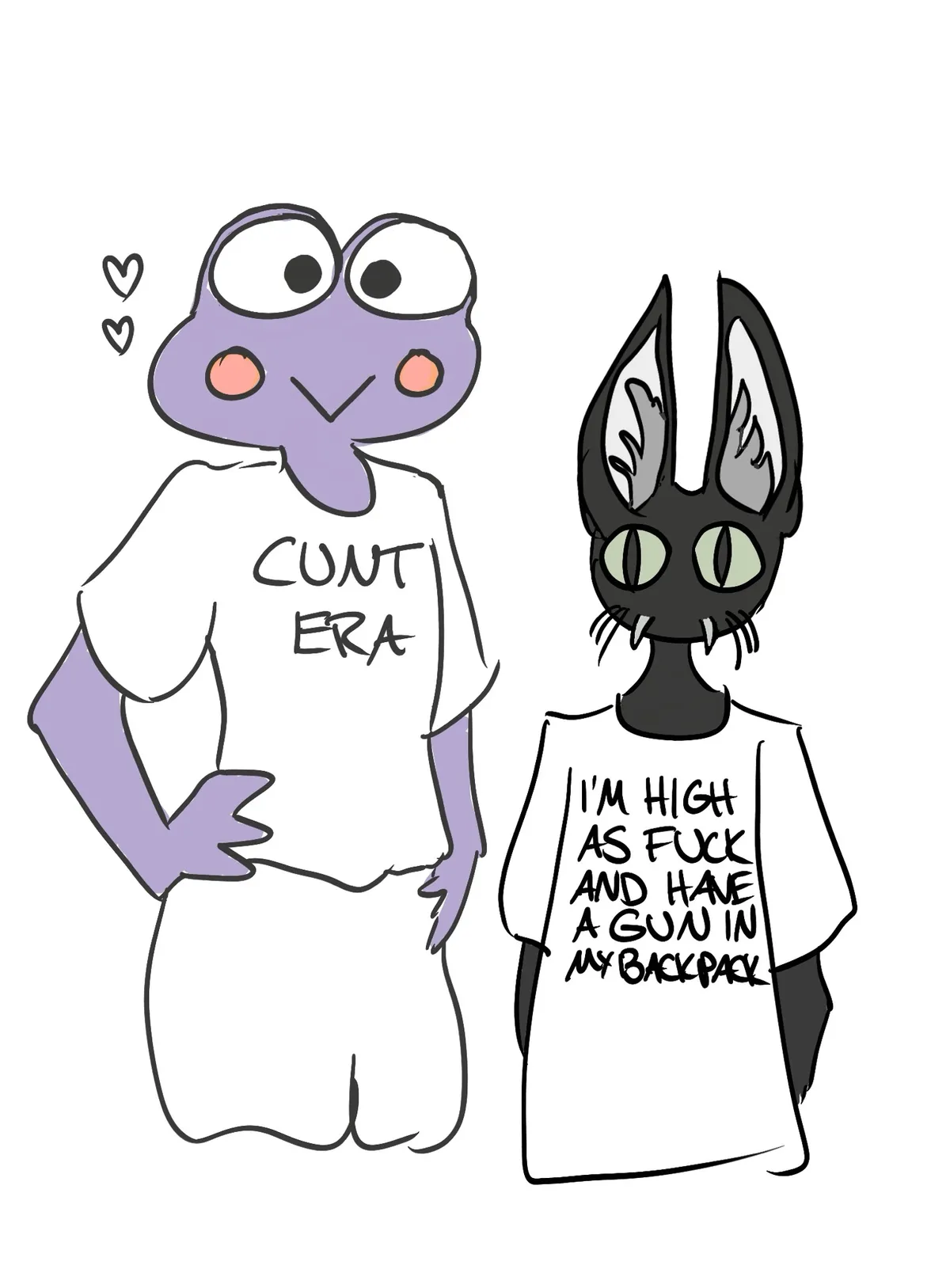 Purple humanoid Keroppi wearing a shirt with "CUNT ERA" on it stands next to black humanoid cat wearing a shirt with "I'M HIGH AS FUCK AND HAVE A GUN IN MY BACKPACK"