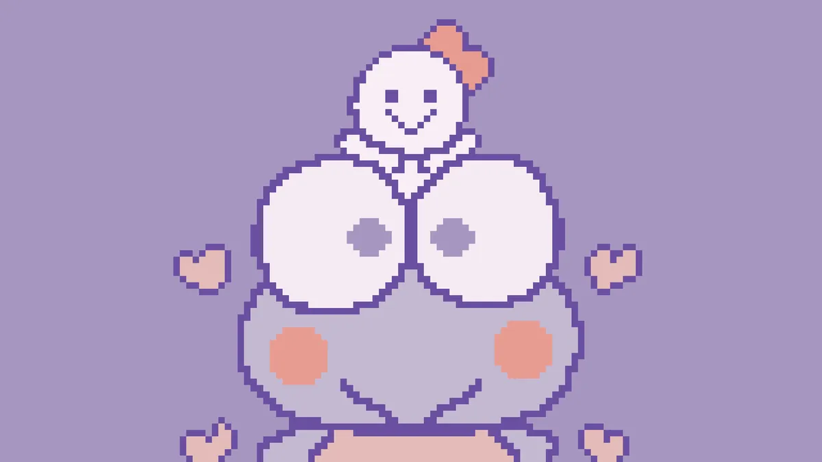 Pixel-art smiling frog (Keroppi) with oversized eyes, rosy cheeks, a small white character (Teruteru) wearing a pink hat perched on its head, and tiny pink hearts on a purple background.