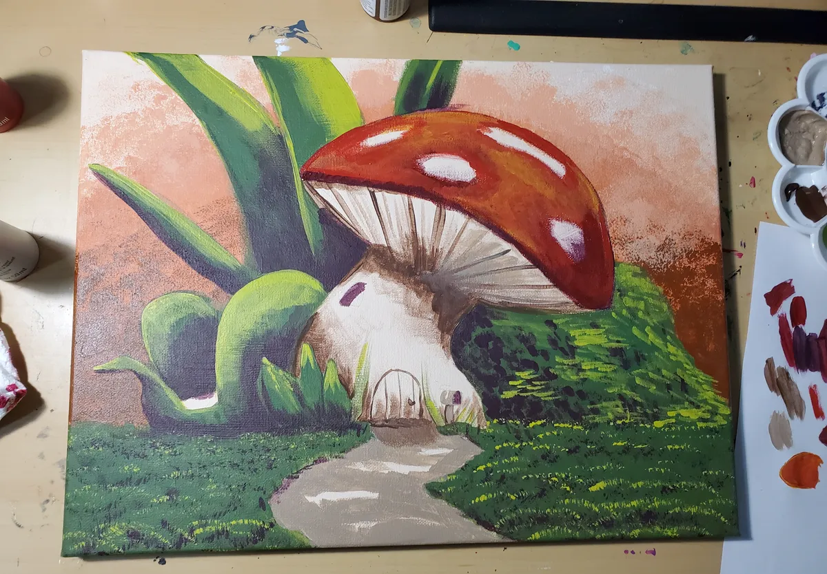 Mushroom house acrylic painting.
