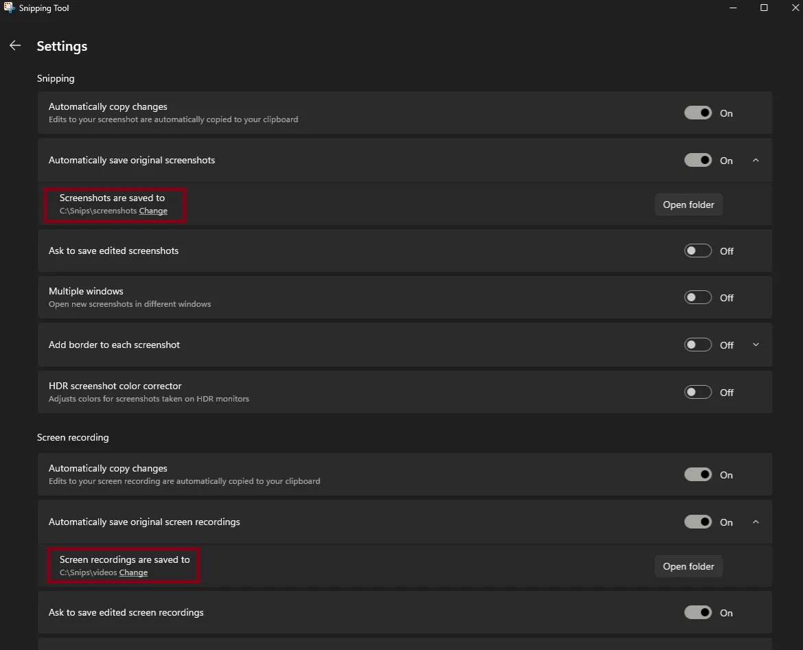 Snipping Tool settings menu.