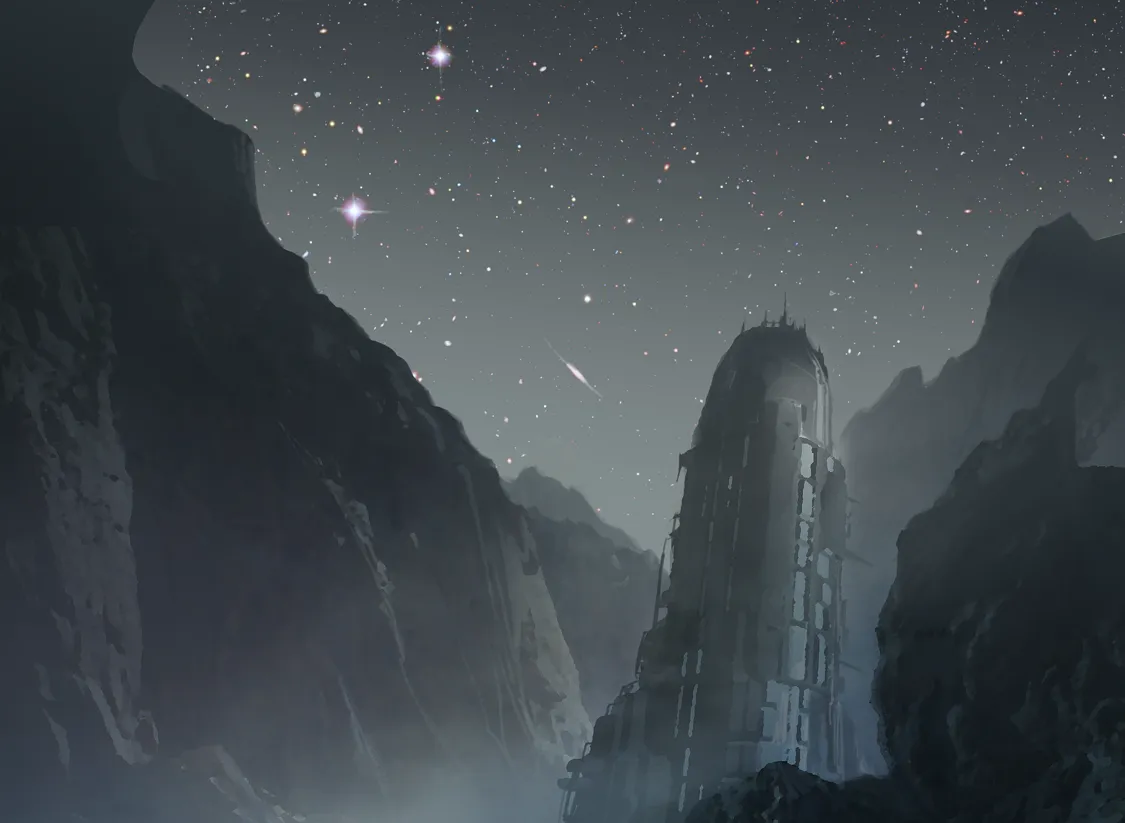 Une illustration, montrant une surface désolée, avec une structure artificielle dépassant sous un ciel gris et piqueté d'étoiles.
