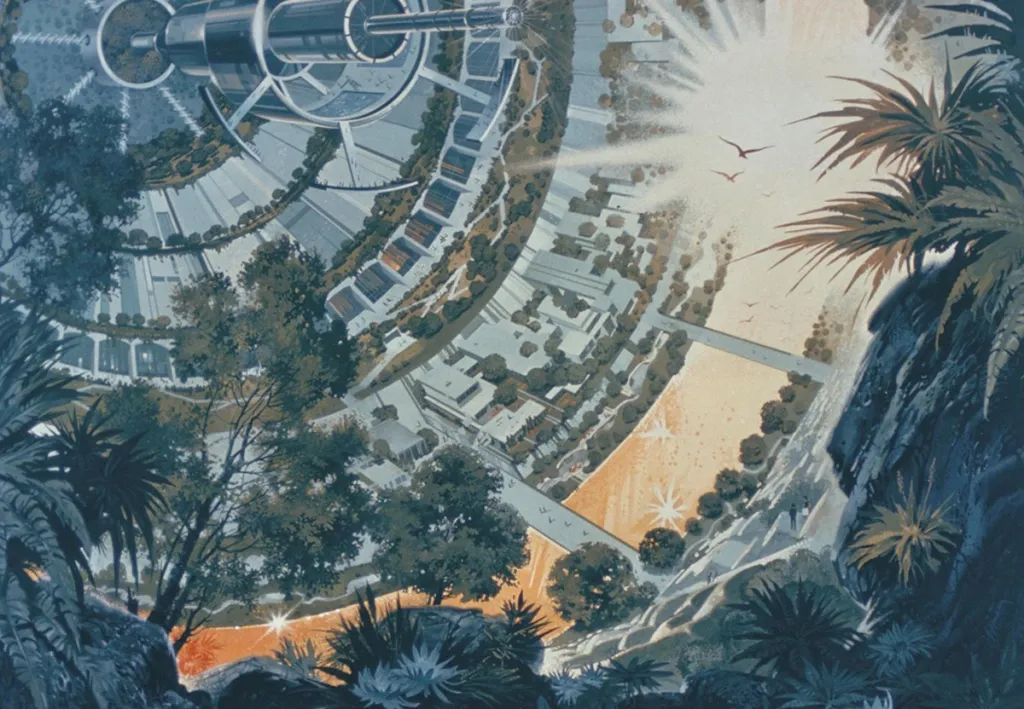 Un concept art montrant l'intérieur courbé d'une sphère de Bernal