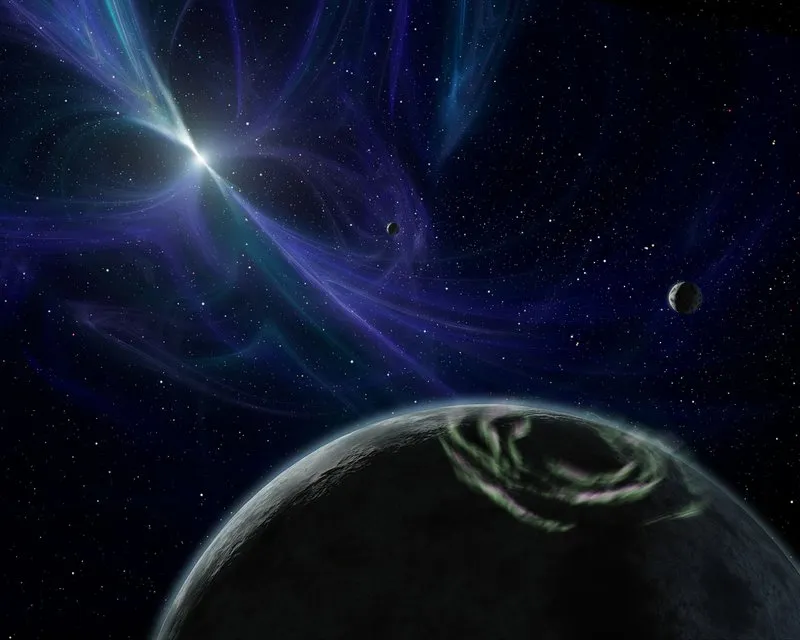 Un concept art montrant une étoile à neutrons, avec deux planètes désertes.