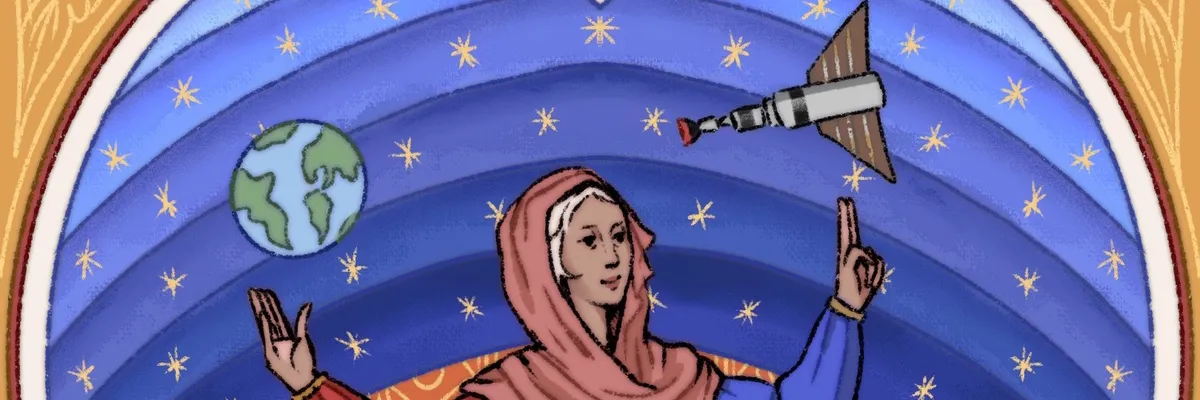 Illustration en style médiéval, montrant une femme tenant dans une main la Terre et dans l'autre un vaisseau spatial.