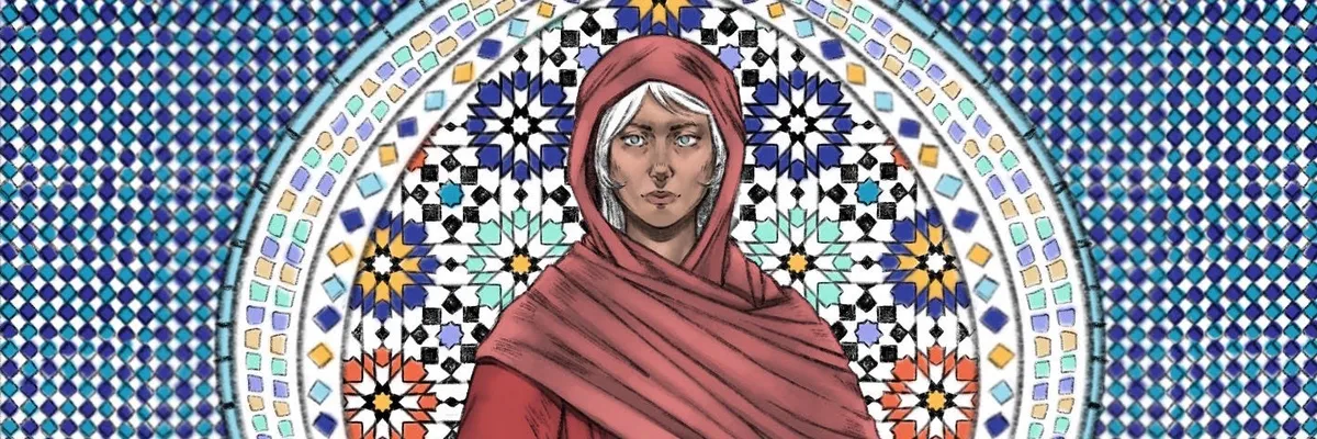 Illsutration montrant une femme aux cheveux blancs, en style médiéval, sur un fond d'azulejos.