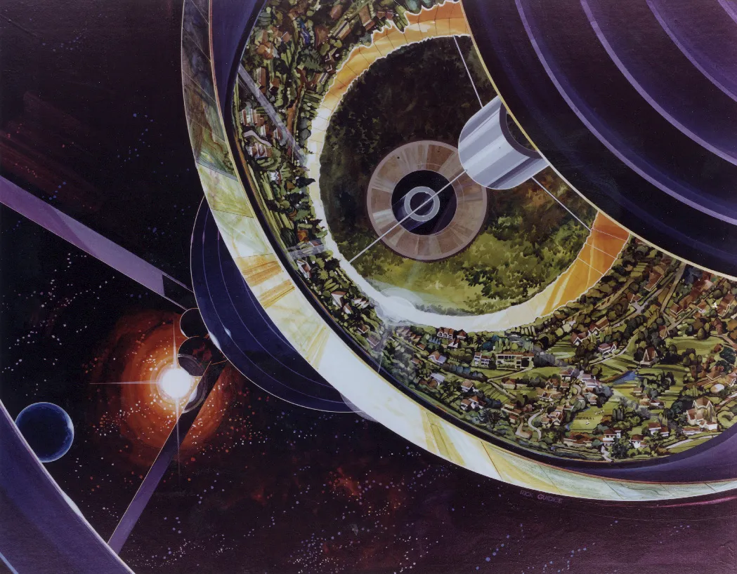 Un concept art montrant une sphère de Bernal, sous la forme d'une station sphérique, recouverte sur sa face interne de villages et de champs.