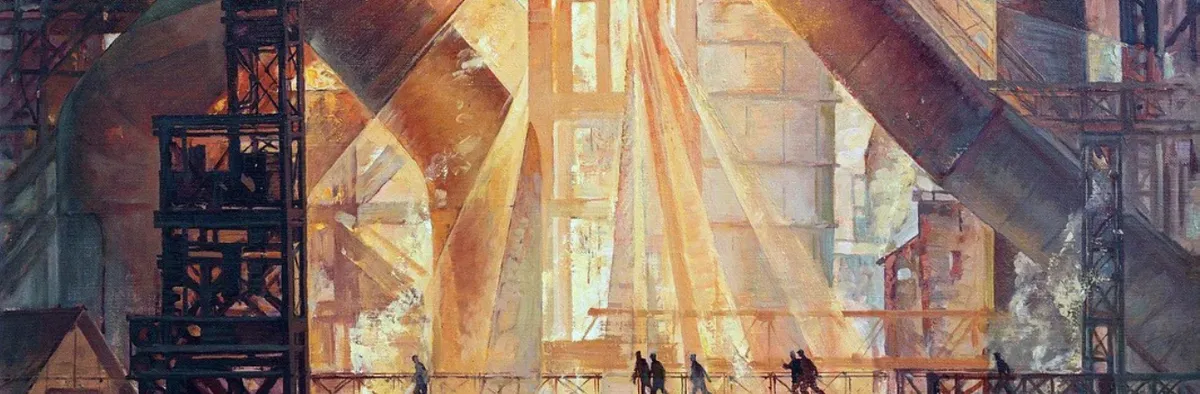 Tableau montrant des ouvriers sur fond d'un délicat jeu de lumière dans les hauteurs d'une aciérie.