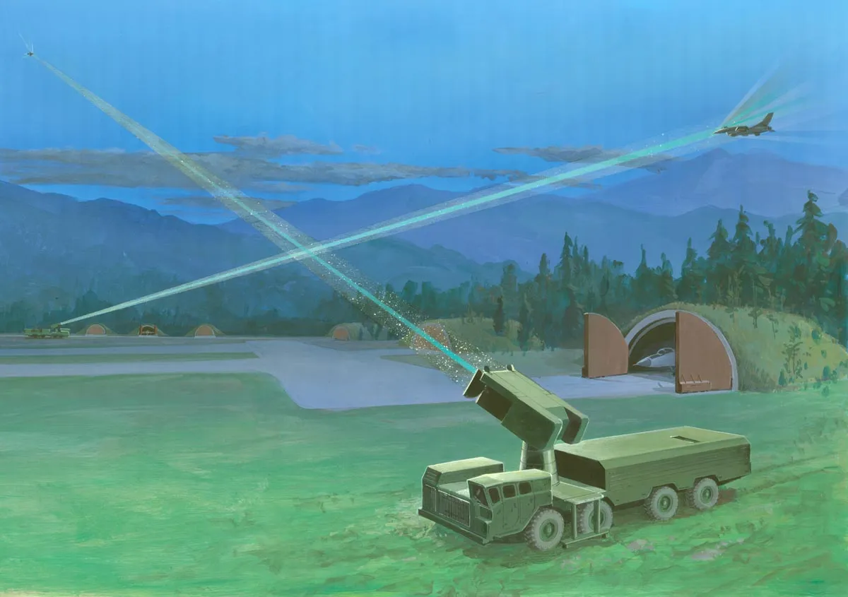 Image d'un camion équipé d'une arme laser antiaérienne, dans une clairière