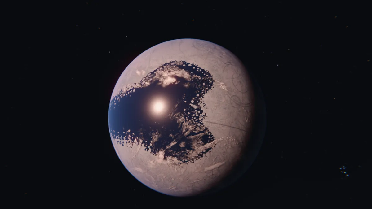 image d'une planète glacée, avec un océan triangulaire sur la face qui reçoit la lumière de l'étoile, et des ruines extraterrestres.