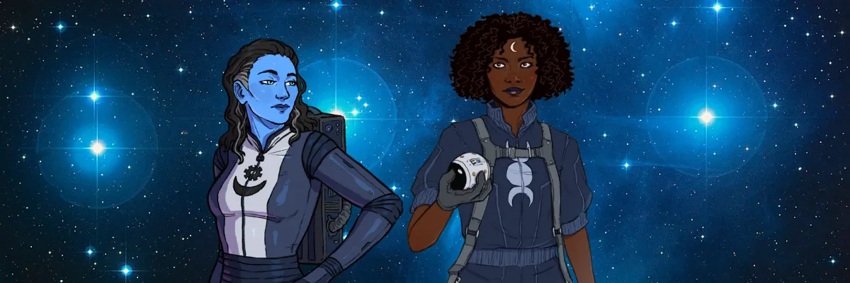 Bannière représentant Tali, femme à la peau bleue et aux cheveux gris, et Isaac-Isabeau, à la coupe afro avec un croissant de lune tatoué sur le front, et les Pléiades en fond