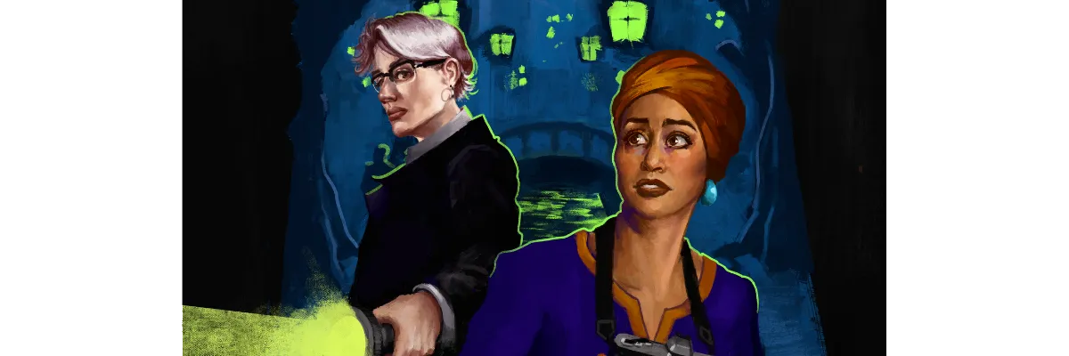 Bannière représentant deux femmes, l'une portant abaya et turban avec un appareil photographique à la main, l'autre en costume trois-pièces, une lampe à la main. En arrière-plan, une cité plongée dans la nuit.