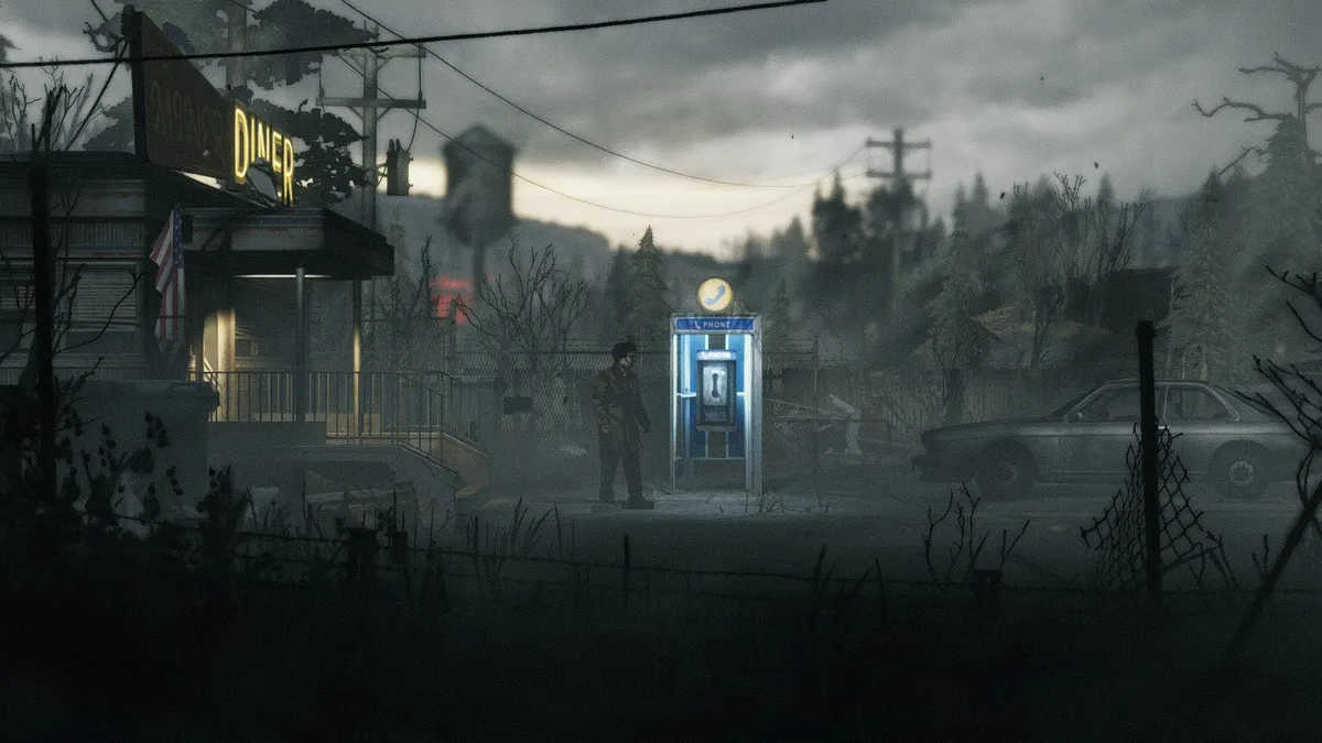 Silver Pines screenshot of a man by a pay phone outside a diner