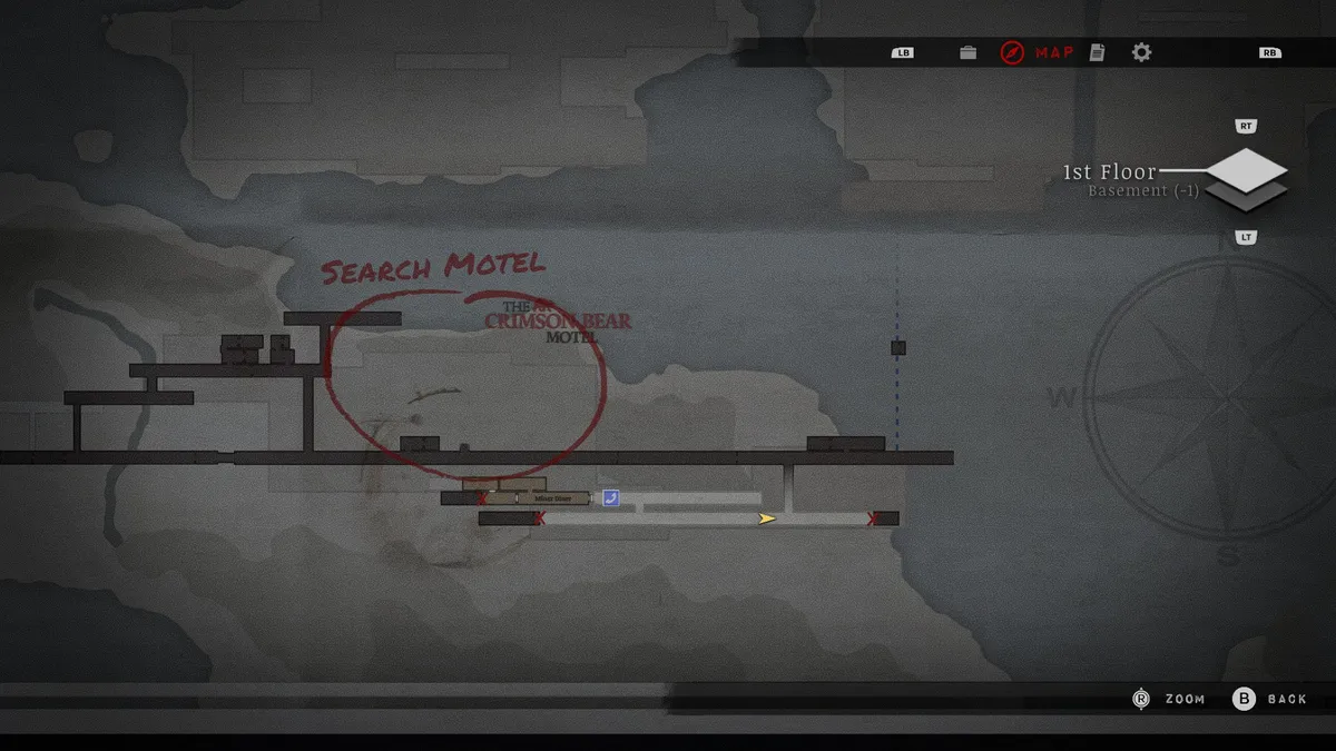 screenshot of a Silver Pines map with the motel circled in red marker