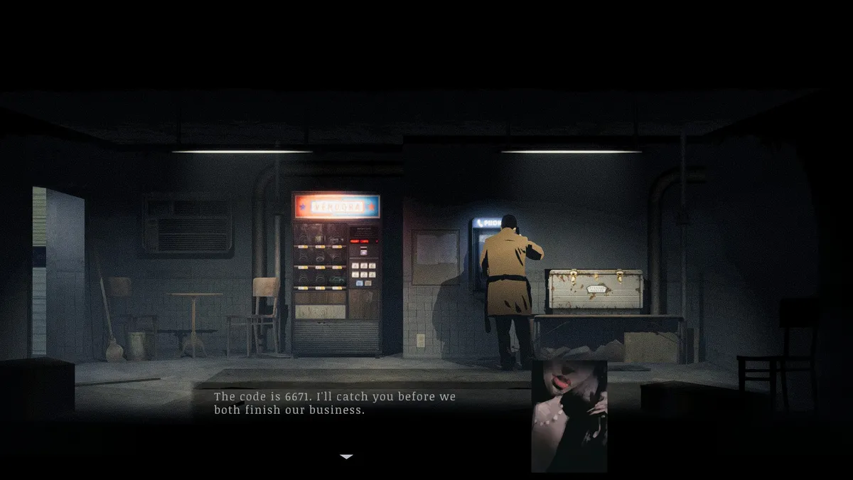 screenshot of a man on a pay phone in a motel break room